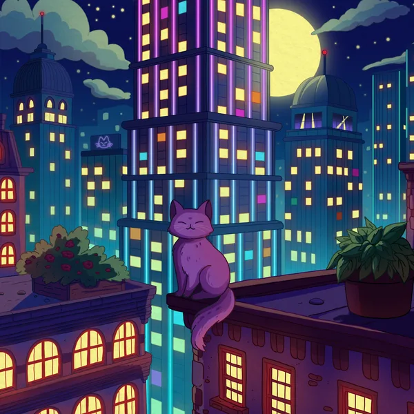 A purple cat on a rooftop ledge among potted plants, neon skyscrapers with warm yellow windows and a full moon in a teal night sky