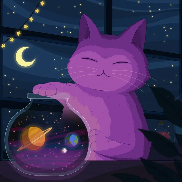 A large smiling purple cat at a night window with a paw on a glass jar of tiny planets, string star lights and a crescent moon